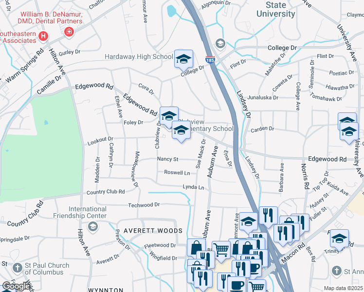 map of restaurants, bars, coffee shops, grocery stores, and more near 2892 Edgewood Road in Columbus