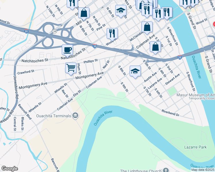 map of restaurants, bars, coffee shops, grocery stores, and more near 120 S 11th St in West Monroe