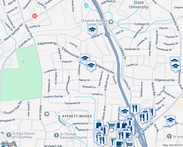 map of restaurants, bars, coffee shops, grocery stores, and more near 2892 Edgewood Road in Columbus