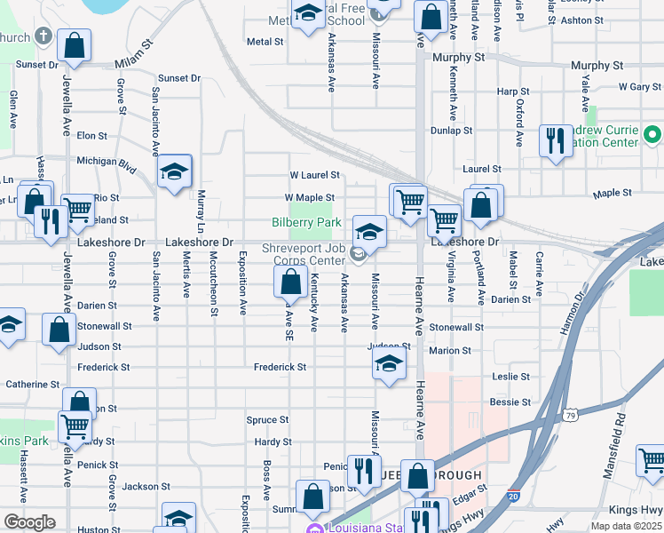 map of restaurants, bars, coffee shops, grocery stores, and more near 2919 Lillian Street in Shreveport