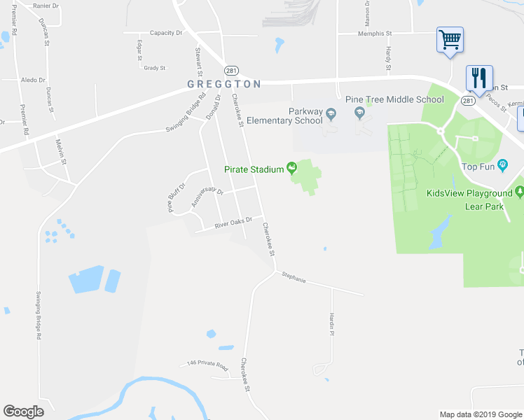 map of restaurants, bars, coffee shops, grocery stores, and more near 1280 Cherokee Street in Longview