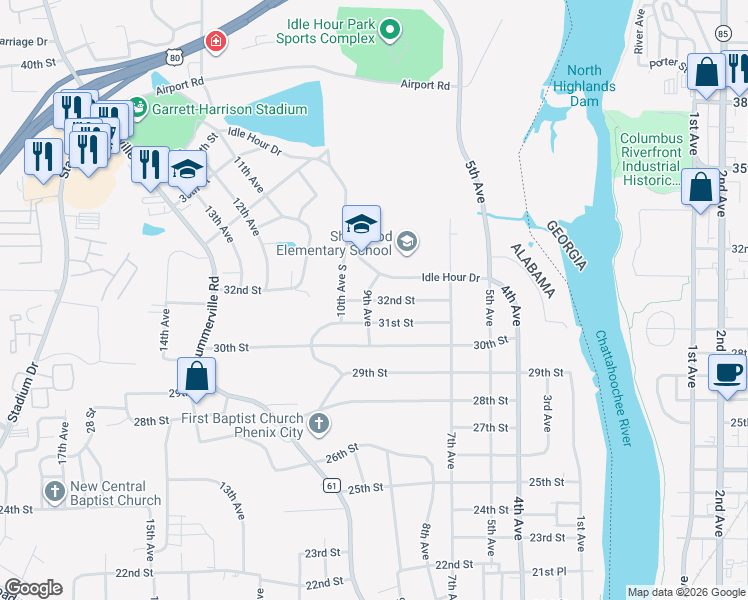 map of restaurants, bars, coffee shops, grocery stores, and more near 716 31st Street in Phenix City