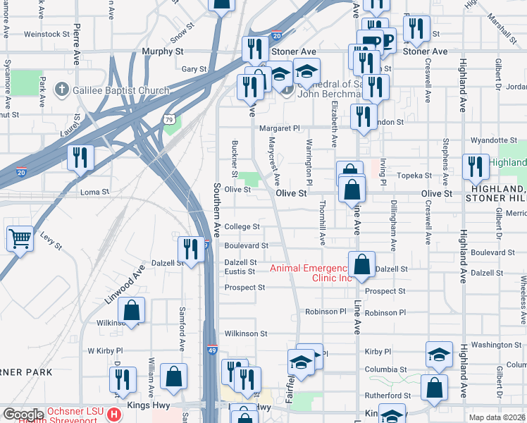 map of restaurants, bars, coffee shops, grocery stores, and more near 2106 Fairfield Avenue in Shreveport