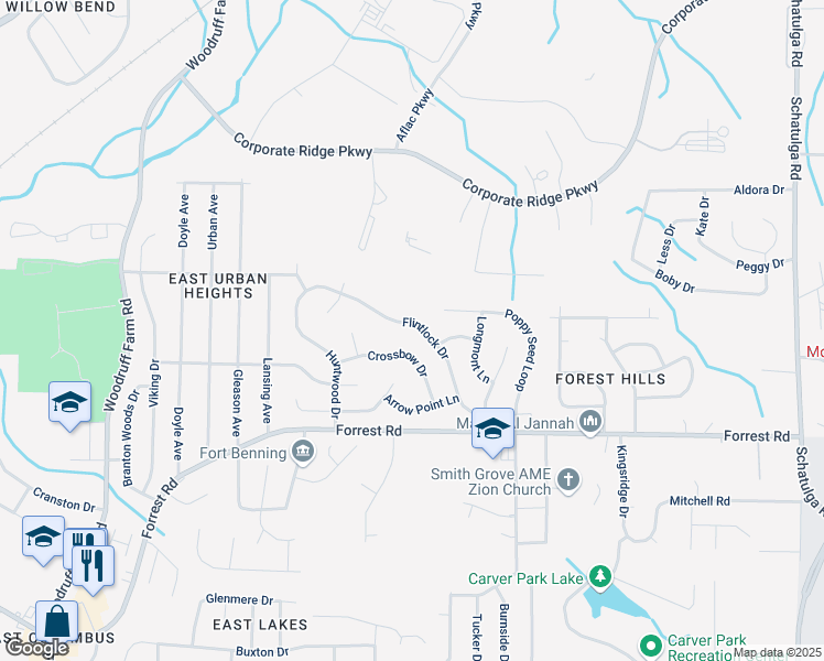 map of restaurants, bars, coffee shops, grocery stores, and more near 6117 Crossbow Drive in Columbus