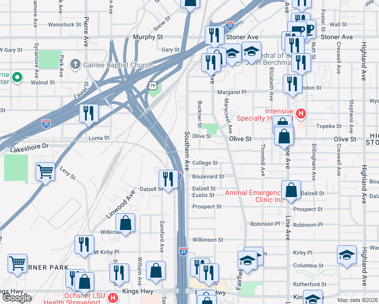 map of restaurants, bars, coffee shops, grocery stores, and more near 1121 Sheridan Avenue in Shreveport