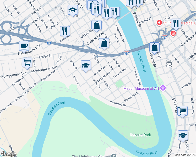 map of restaurants, bars, coffee shops, grocery stores, and more near 604 Lazarre Avenue in West Monroe