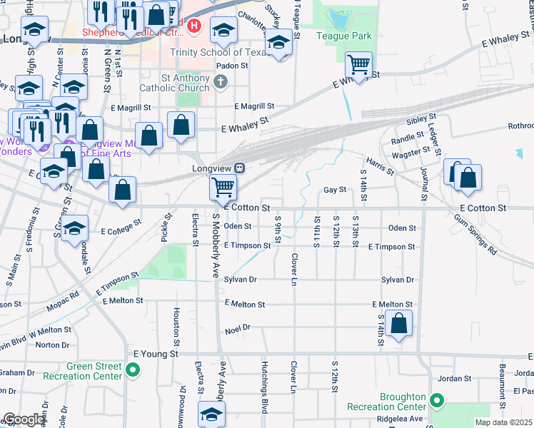 map of restaurants, bars, coffee shops, grocery stores, and more near 200-298 Bonner Street in Longview
