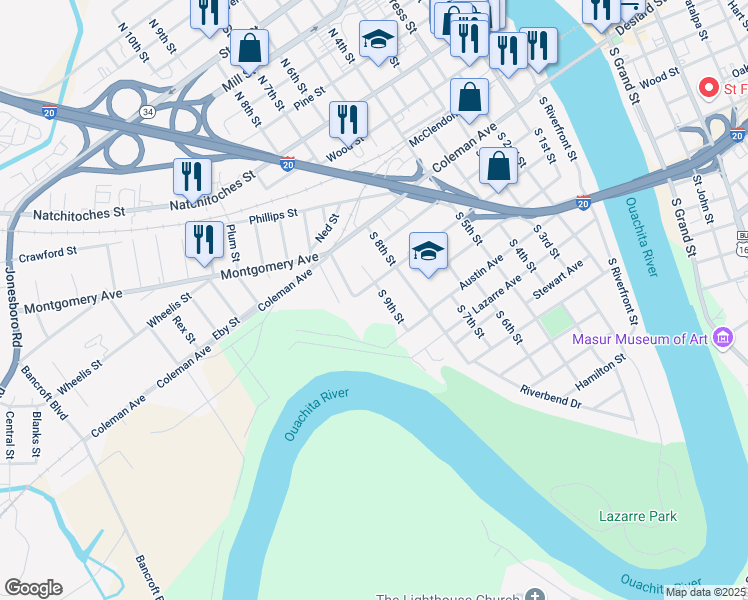 map of restaurants, bars, coffee shops, grocery stores, and more near 404 S 9th St in West Monroe