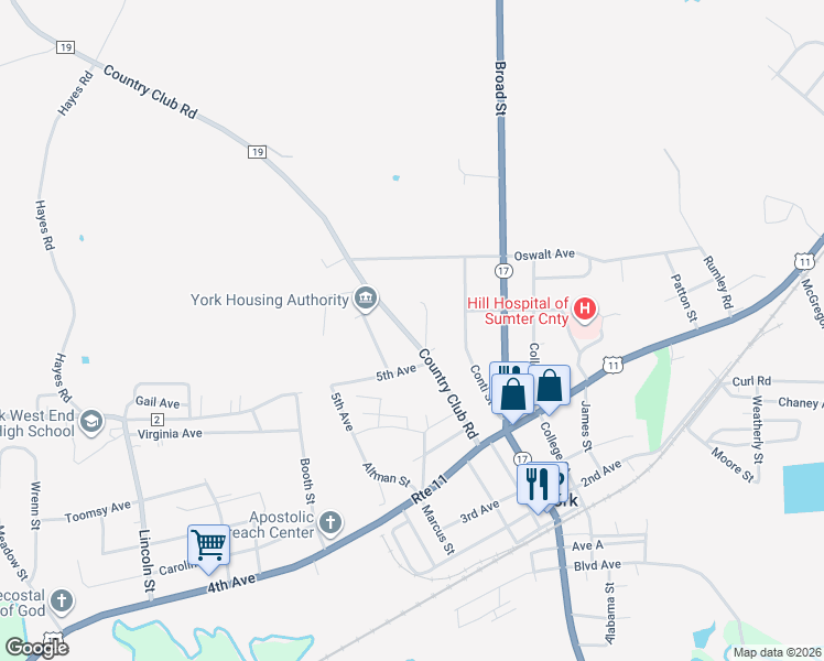 map of restaurants, bars, coffee shops, grocery stores, and more near 524 Country Club Road in York