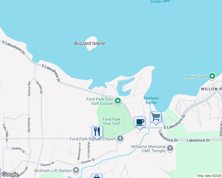 map of restaurants, bars, coffee shops, grocery stores, and more near 5856 South Lakeshore Drive in Shreveport
