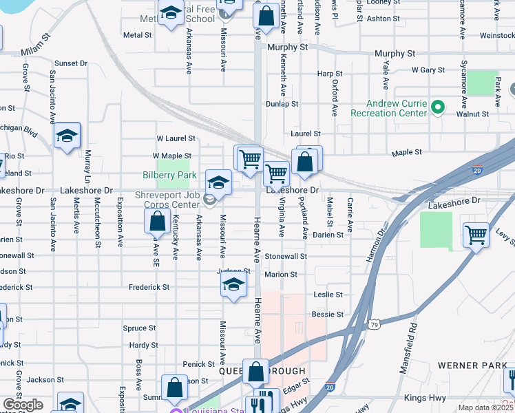 map of restaurants, bars, coffee shops, grocery stores, and more near Hearne Avenue in Shreveport