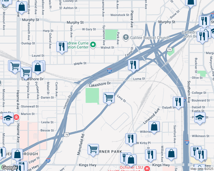 map of restaurants, bars, coffee shops, grocery stores, and more near 1725 Lakeshore Drive in Shreveport