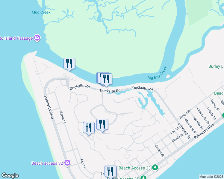 map of restaurants, bars, coffee shops, grocery stores, and more near 3735 Docksite Road in Edisto Island