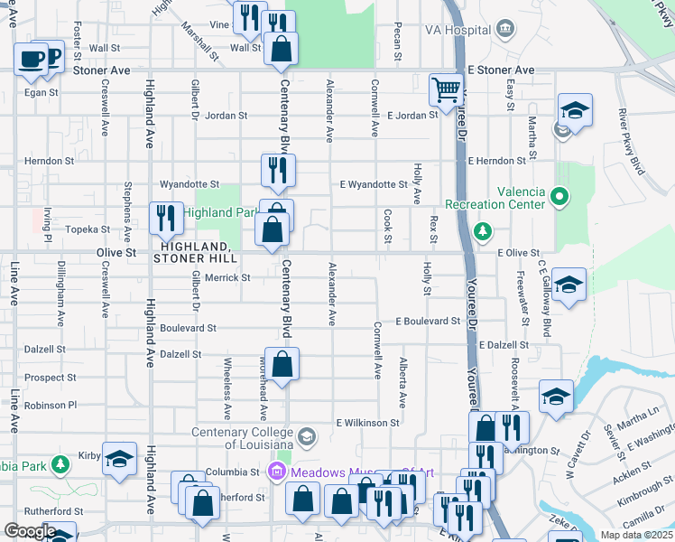 map of restaurants, bars, coffee shops, grocery stores, and more near 113 East Merrick Street in Shreveport