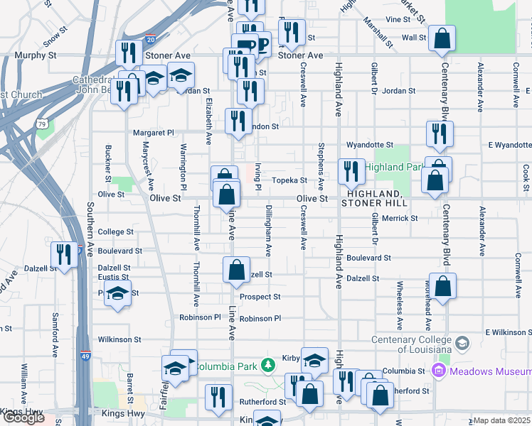 map of restaurants, bars, coffee shops, grocery stores, and more near 701 Merrick Street in Shreveport