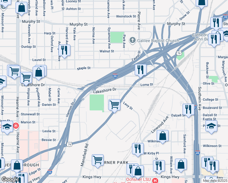 map of restaurants, bars, coffee shops, grocery stores, and more near 1707 Lakeshore Drive in Shreveport
