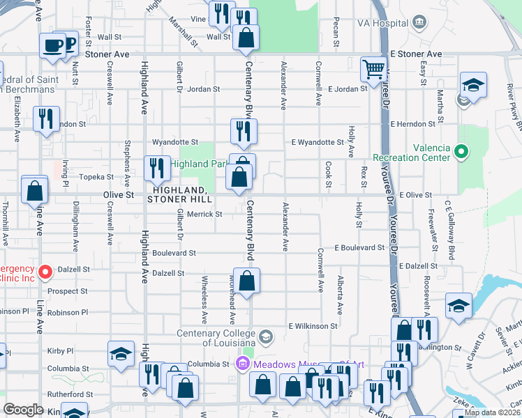 map of restaurants, bars, coffee shops, grocery stores, and more near 131 Merrick Street in Shreveport