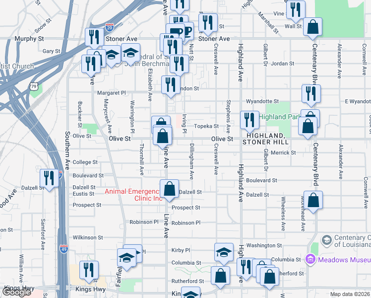 map of restaurants, bars, coffee shops, grocery stores, and more near 716 Merrick Street in Shreveport