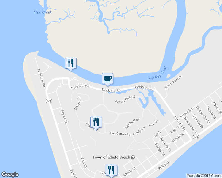 map of restaurants, bars, coffee shops, grocery stores, and more near 3735 Docksite Road in Edisto Island