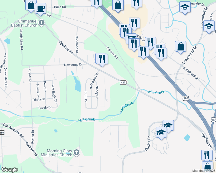 map of restaurants, bars, coffee shops, grocery stores, and more near 11 Gauntt Road in Phenix City