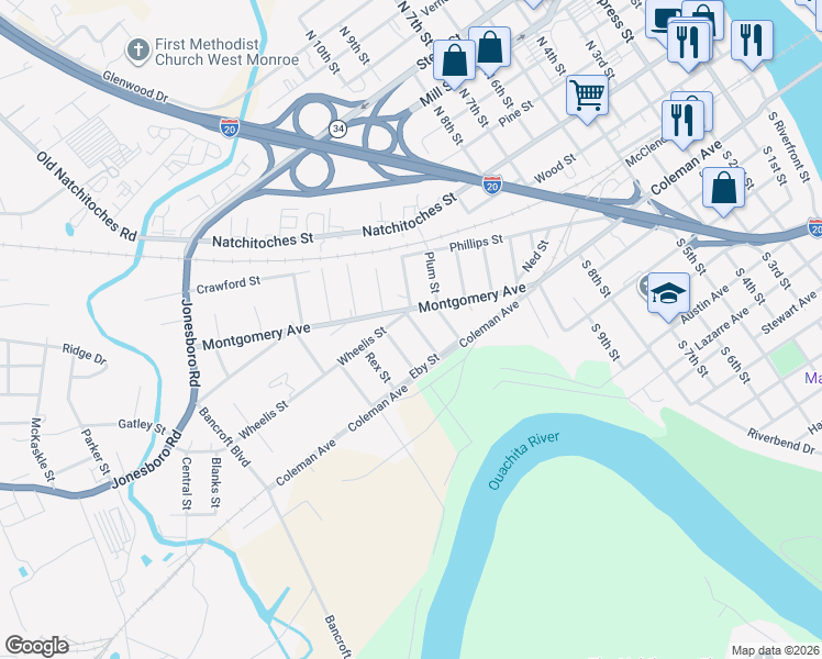 map of restaurants, bars, coffee shops, grocery stores, and more near 216 Heard Street in West Monroe