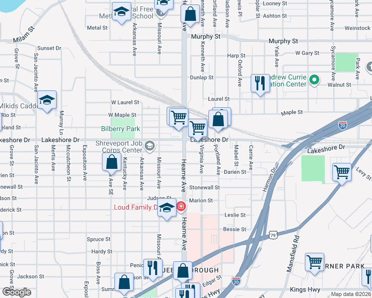 map of restaurants, bars, coffee shops, grocery stores, and more near 2638 Lillian Street in Shreveport