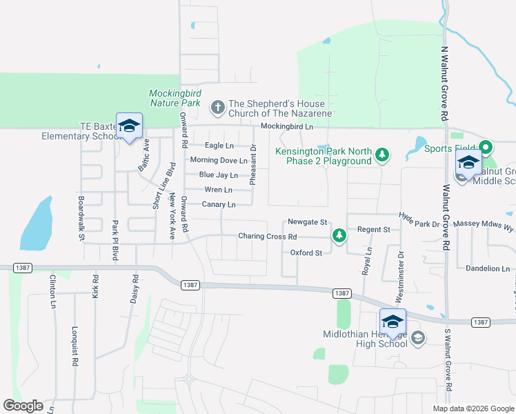 map of restaurants, bars, coffee shops, grocery stores, and more near 3233 Burgundy Lane in Midlothian