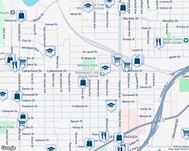 map of restaurants, bars, coffee shops, grocery stores, and more near 2918 Lillian Street in Shreveport