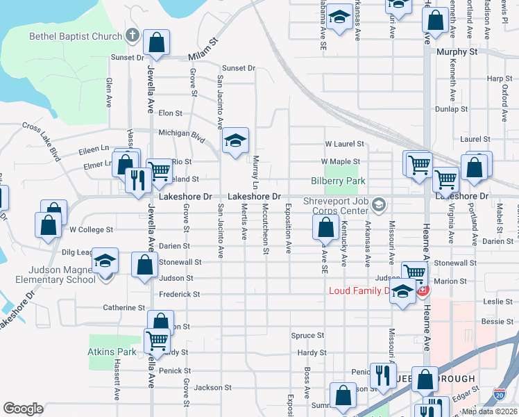 map of restaurants, bars, coffee shops, grocery stores, and more near 3310 Lillian Street in Shreveport