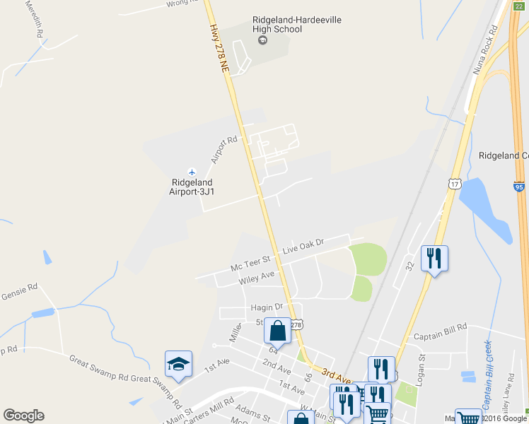 map of restaurants, bars, coffee shops, grocery stores, and more near 893 Grays Highway in Ridgeland