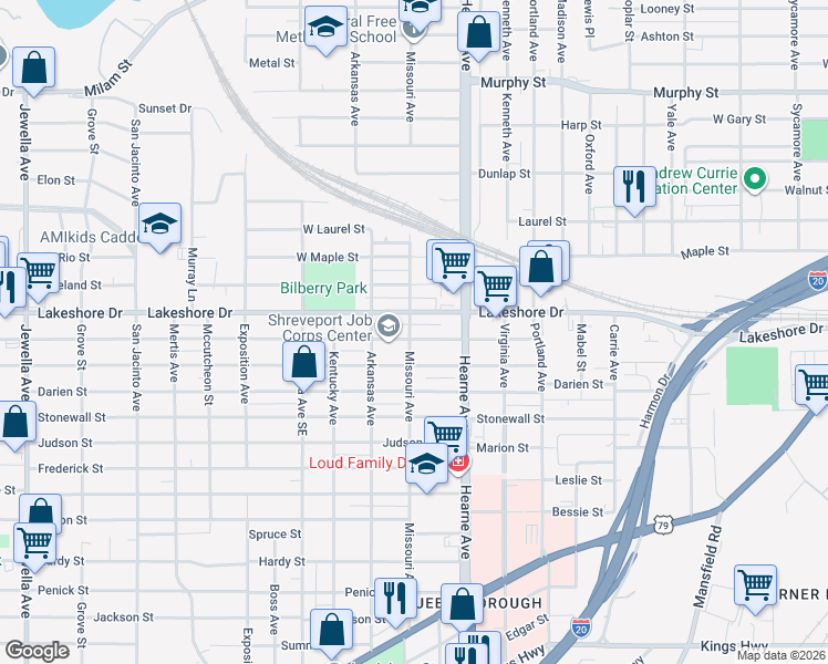 map of restaurants, bars, coffee shops, grocery stores, and more near 2739 Lillian Street in Shreveport