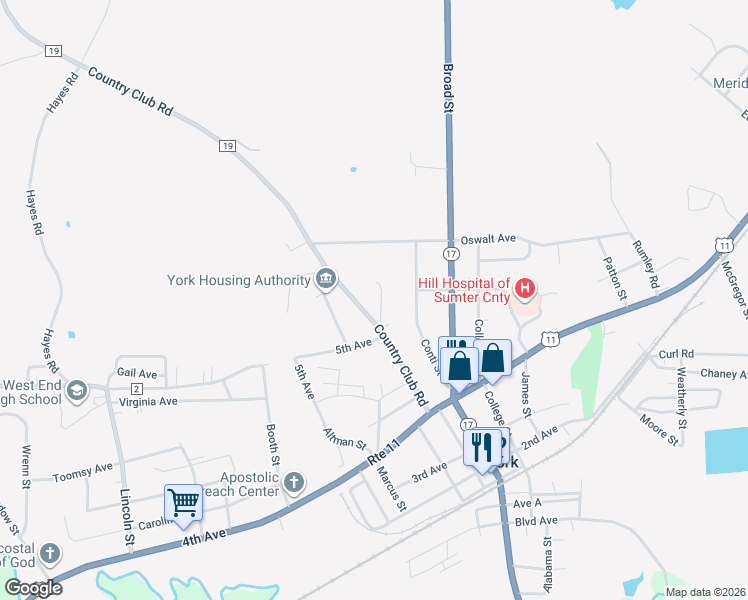 map of restaurants, bars, coffee shops, grocery stores, and more near 524-530 Country Club Road in York