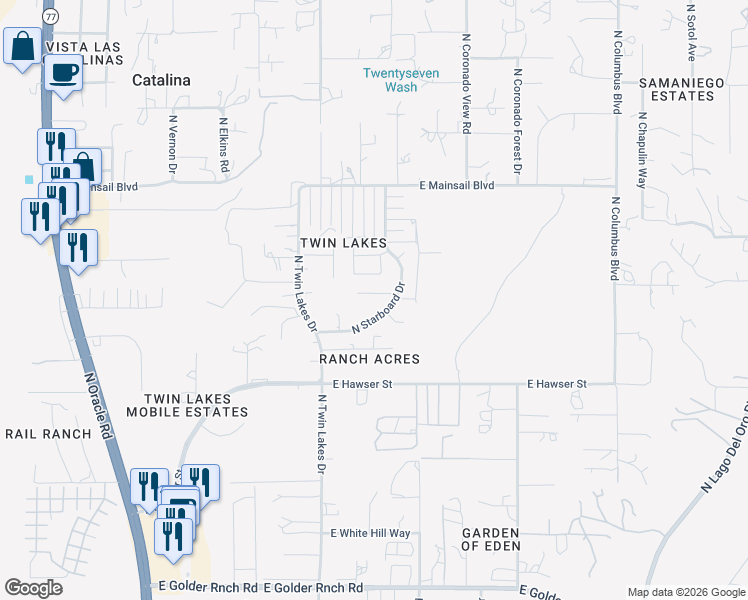 map of restaurants, bars, coffee shops, grocery stores, and more near 15732 North Starboard Drive in Tucson