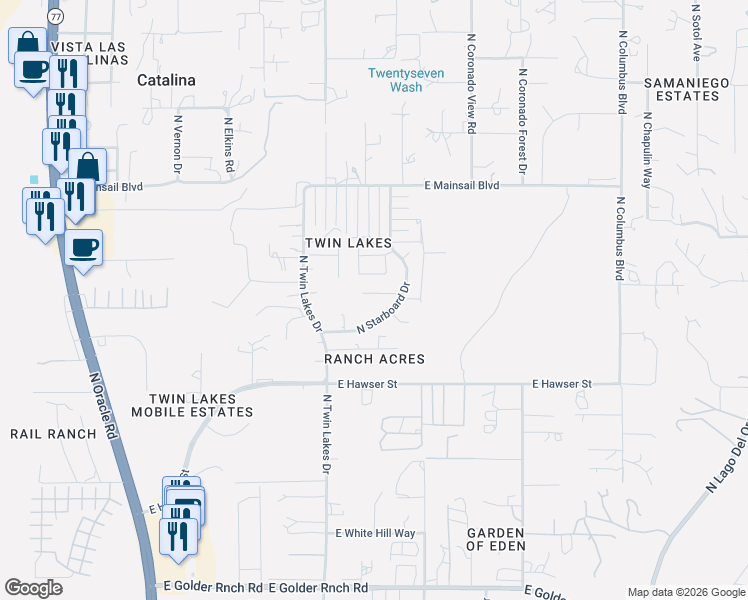 map of restaurants, bars, coffee shops, grocery stores, and more near 15694 North Twin Lakes Drive in Tucson