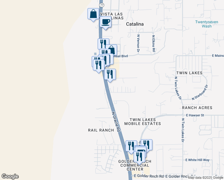 map of restaurants, bars, coffee shops, grocery stores, and more near 15691 North Oracle Road in Catalina