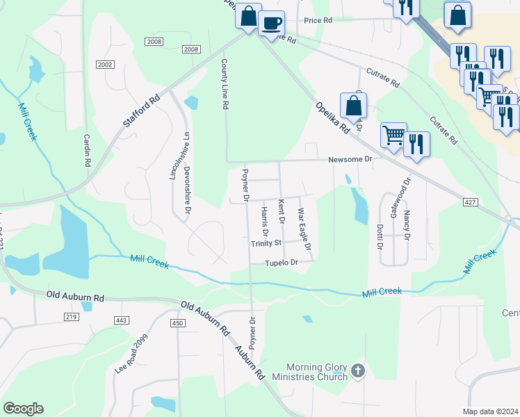 map of restaurants, bars, coffee shops, grocery stores, and more near 2912 Harris Drive in Phenix City