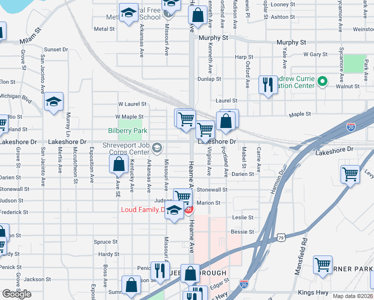 map of restaurants, bars, coffee shops, grocery stores, and more near 2635 Lillian Street in Shreveport