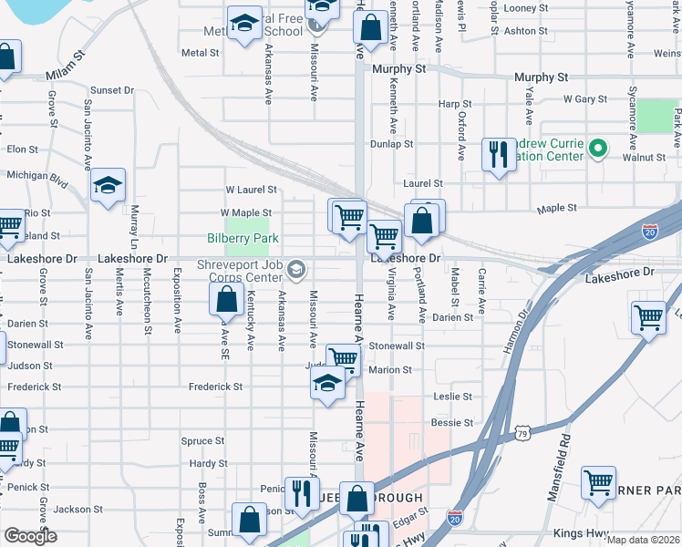 map of restaurants, bars, coffee shops, grocery stores, and more near 2739 Lillian Street in Shreveport