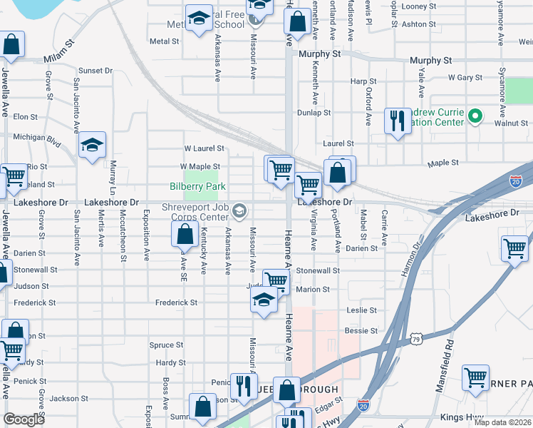 map of restaurants, bars, coffee shops, grocery stores, and more near 2739 Lillian Street in Shreveport