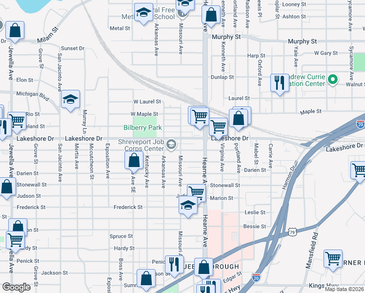 map of restaurants, bars, coffee shops, grocery stores, and more near 2739 Lillian Street in Shreveport
