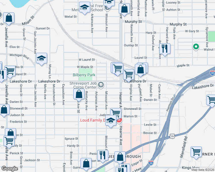 map of restaurants, bars, coffee shops, grocery stores, and more near 2739 Lillian Street in Shreveport