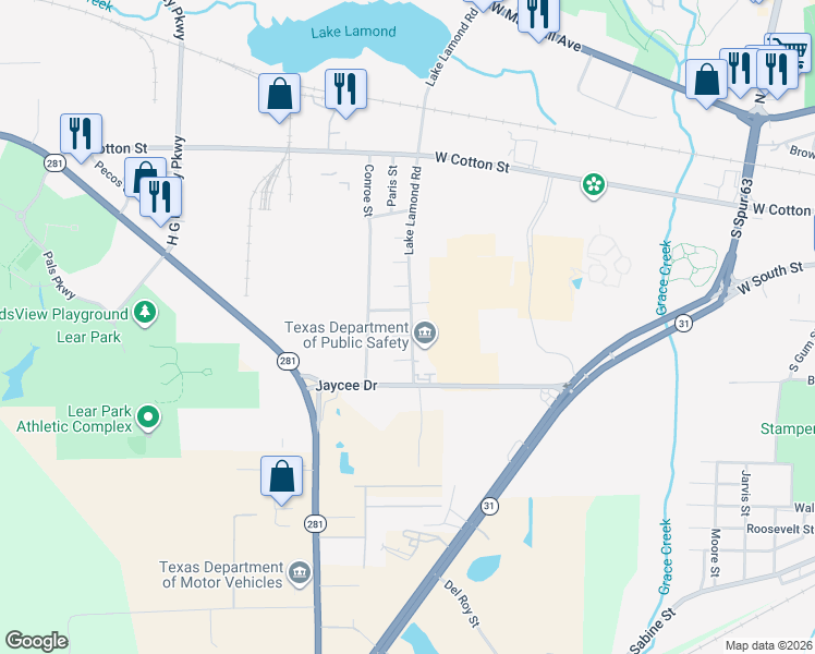 map of restaurants, bars, coffee shops, grocery stores, and more near 6 Jasper Court in Longview
