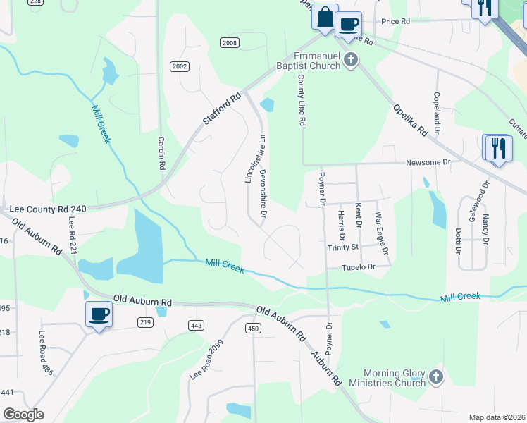 map of restaurants, bars, coffee shops, grocery stores, and more near 26 Devonshire Drive in Phenix City