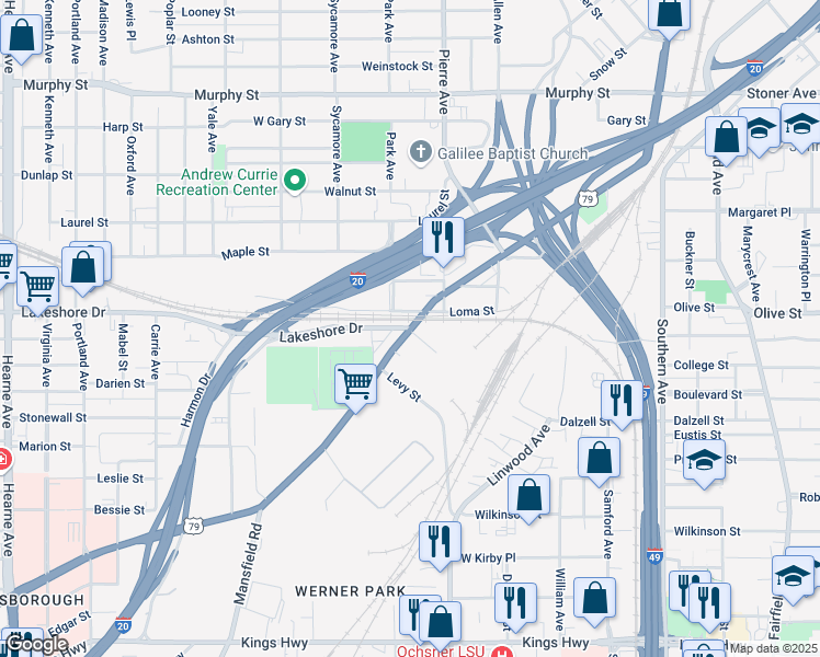 map of restaurants, bars, coffee shops, grocery stores, and more near 2100 Texas Avenue in Shreveport