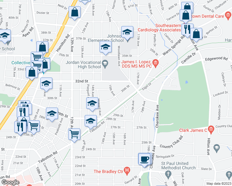 map of restaurants, bars, coffee shops, grocery stores, and more near 1507 30th Street in Columbus