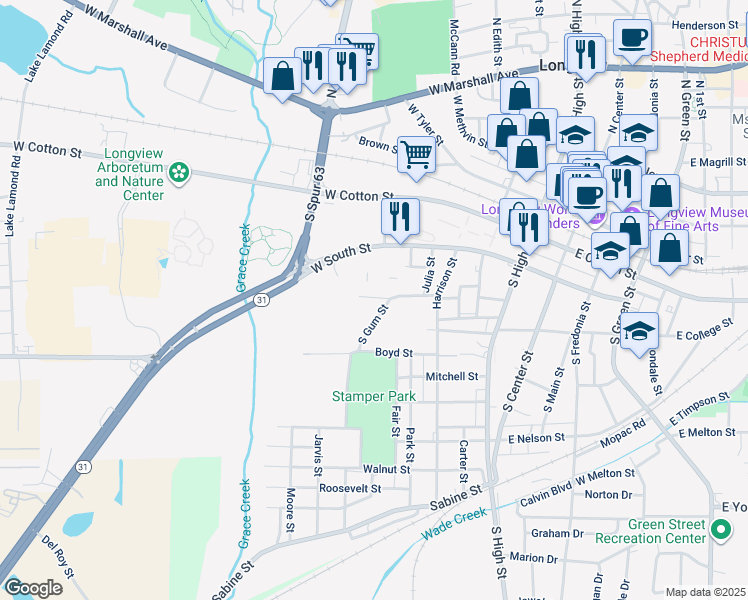 map of restaurants, bars, coffee shops, grocery stores, and more near 698 West Luckett Street in Longview