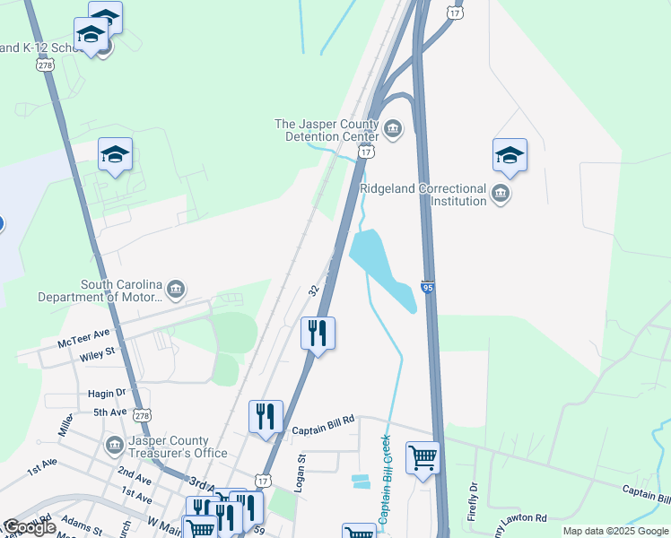 map of restaurants, bars, coffee shops, grocery stores, and more near North Jacob Smart Boulevard in Ridgeland
