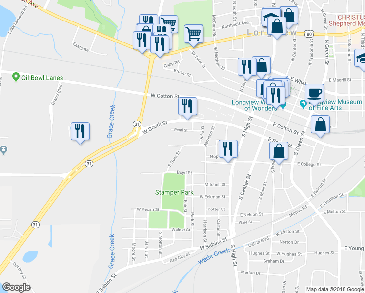 map of restaurants, bars, coffee shops, grocery stores, and more near 301 South Gum Street in Longview