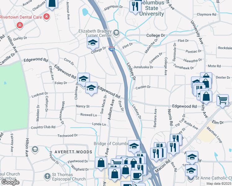 map of restaurants, bars, coffee shops, grocery stores, and more near 2935 Edgewood Road in Columbus