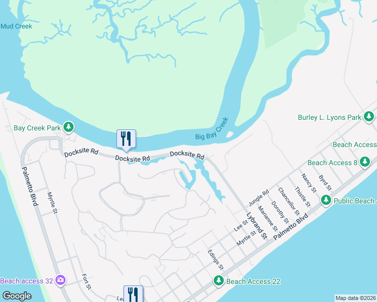 map of restaurants, bars, coffee shops, grocery stores, and more near 3765 Docksite Road in Edisto Island